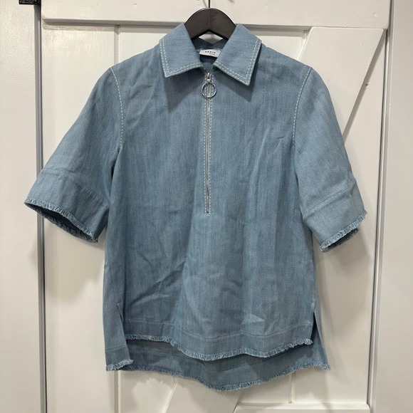 Akris Punto Tops - Akris Punto Womens Top Size 4 Light Blue Bleached Denim Cotton Blouse Frayed NEW